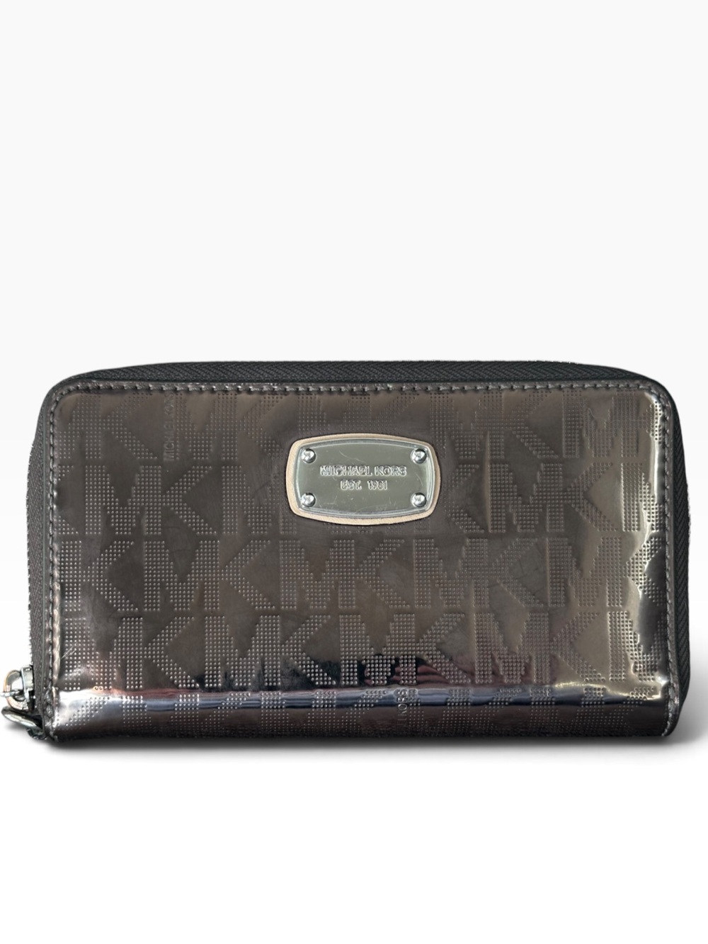 Michael Kors metallic gray monogram zip-around wallet reflective mirror finish